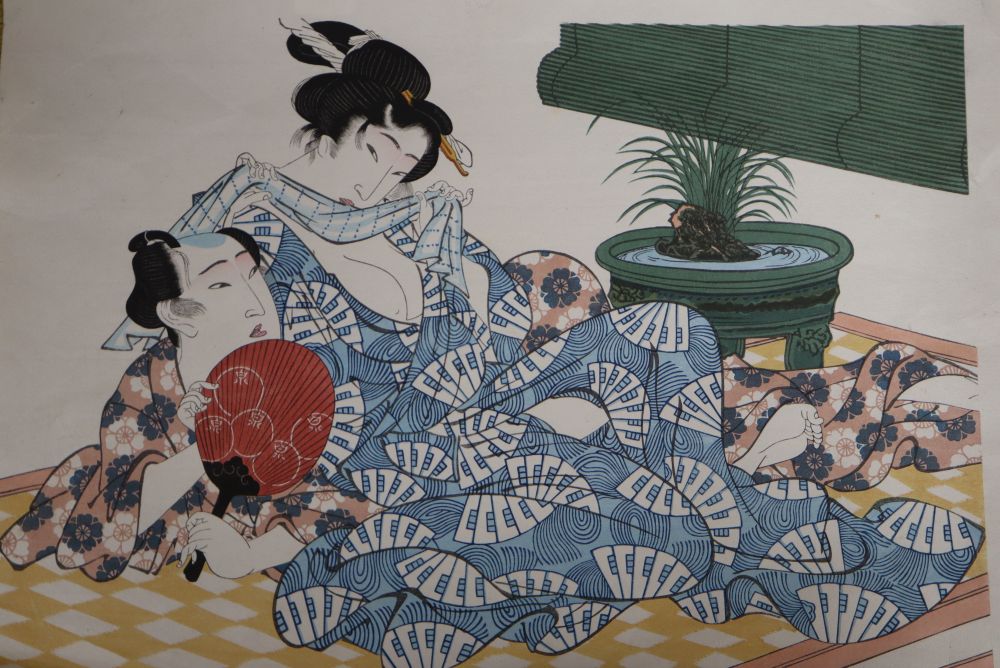 A later copy of a Japanese print by Eisen, of a reclining couple, 28 x 40cm, unframed